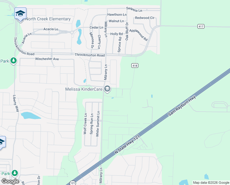 map of restaurants, bars, coffee shops, grocery stores, and more near 3615 Karnaghan Lane in Melissa
