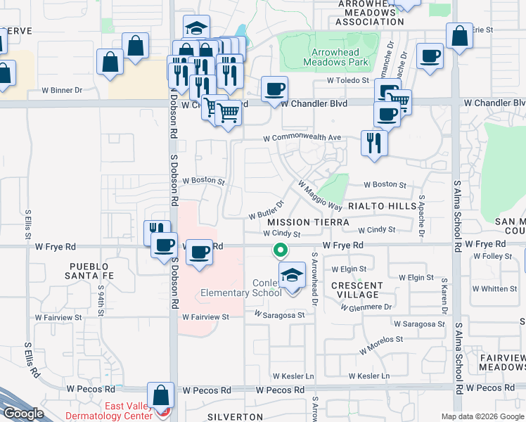 map of restaurants, bars, coffee shops, grocery stores, and more near 1721 West Butler Drive in Chandler