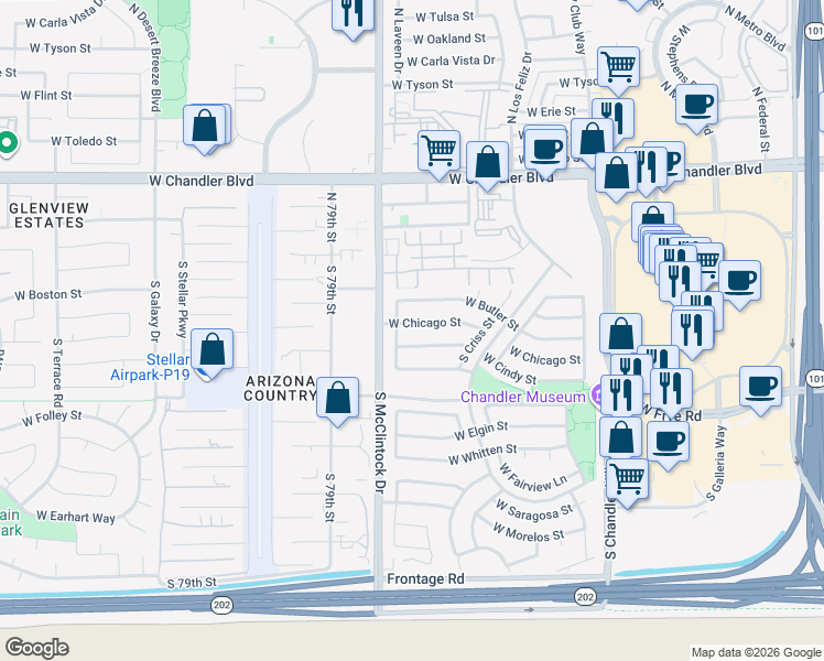 map of restaurants, bars, coffee shops, grocery stores, and more near 230 South Laveen Drive in Chandler