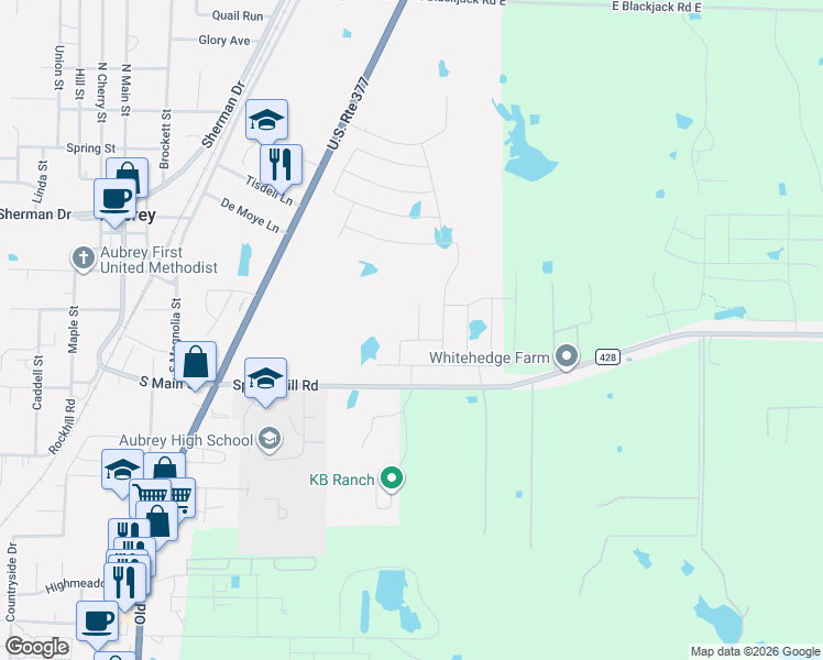 map of restaurants, bars, coffee shops, grocery stores, and more near 609 Spring Hill Road in Aubrey