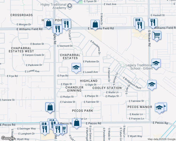 map of restaurants, bars, coffee shops, grocery stores, and more near 3459 East Lowell Avenue in Gilbert