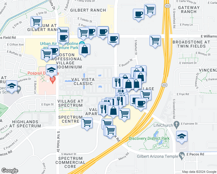 map of restaurants, bars, coffee shops, grocery stores, and more near 2781 South Equestrian Drive in Gilbert