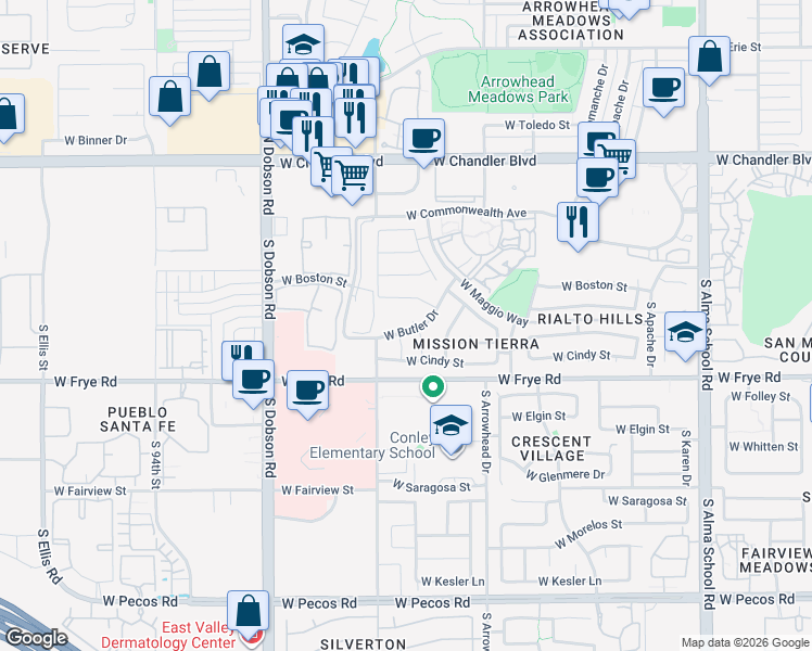 map of restaurants, bars, coffee shops, grocery stores, and more near 1721 West Butler Drive in Chandler