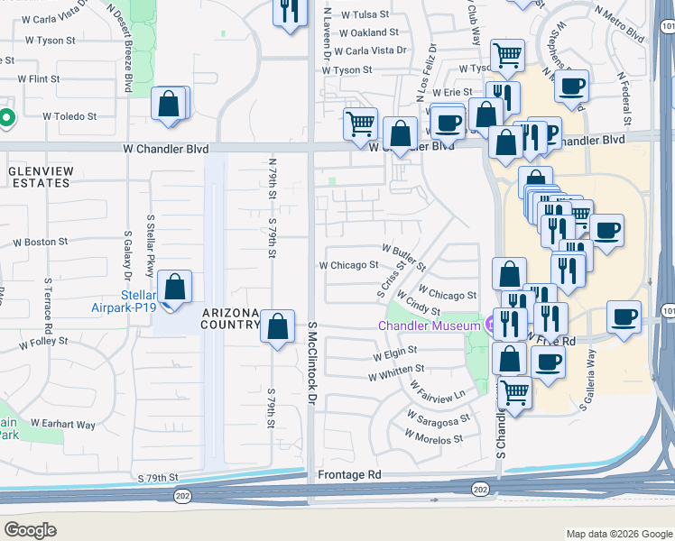map of restaurants, bars, coffee shops, grocery stores, and more near 230 South Laveen Drive in Chandler