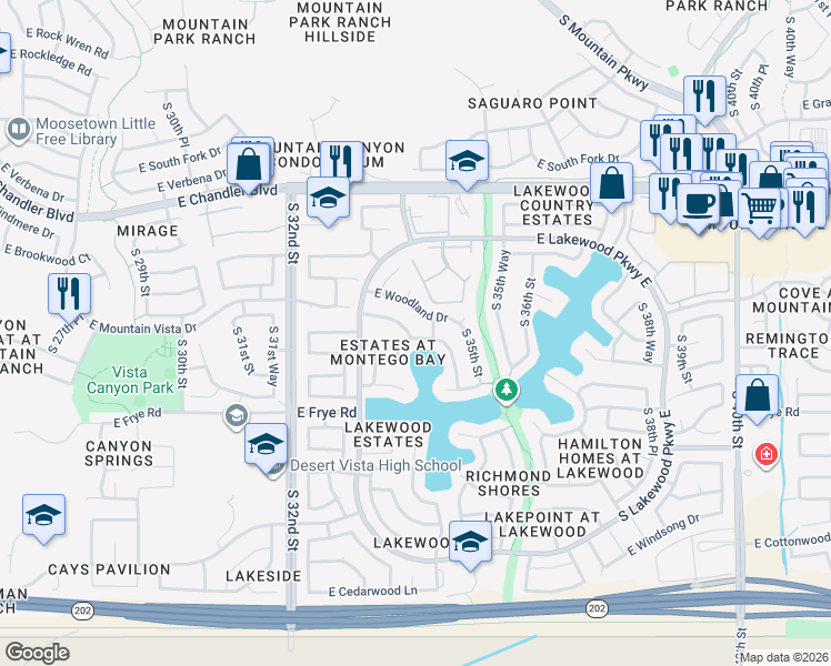 map of restaurants, bars, coffee shops, grocery stores, and more near 3409 East Silverwood Drive in Phoenix