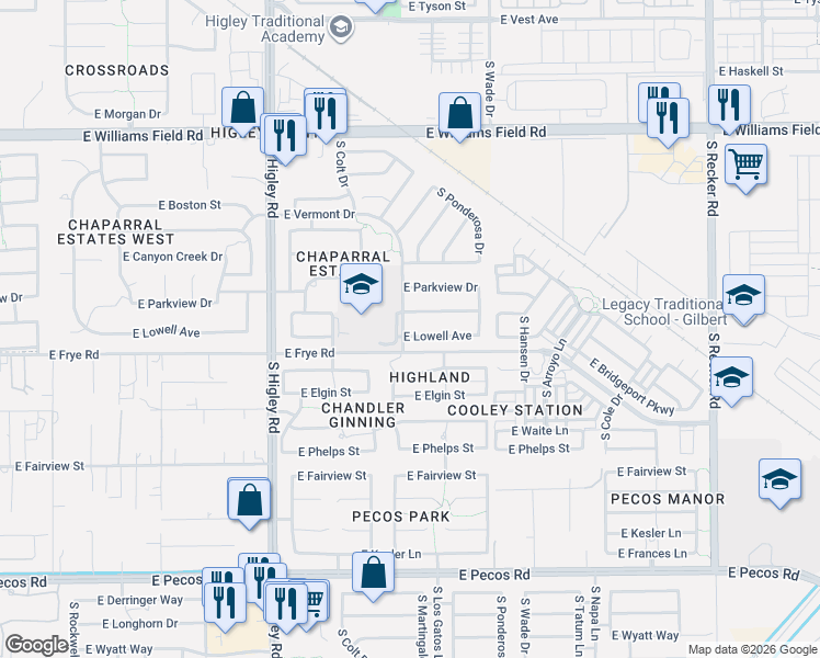 map of restaurants, bars, coffee shops, grocery stores, and more near 3459 East Lowell Avenue in Gilbert