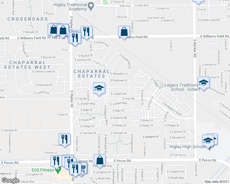 map of restaurants, bars, coffee shops, grocery stores, and more near 3478 East Lowell Avenue in Gilbert