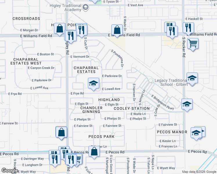 map of restaurants, bars, coffee shops, grocery stores, and more near 3459 East Lowell Avenue in Gilbert