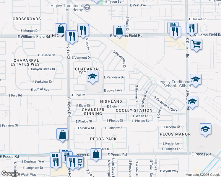 map of restaurants, bars, coffee shops, grocery stores, and more near 3478 East Lowell Avenue in Gilbert
