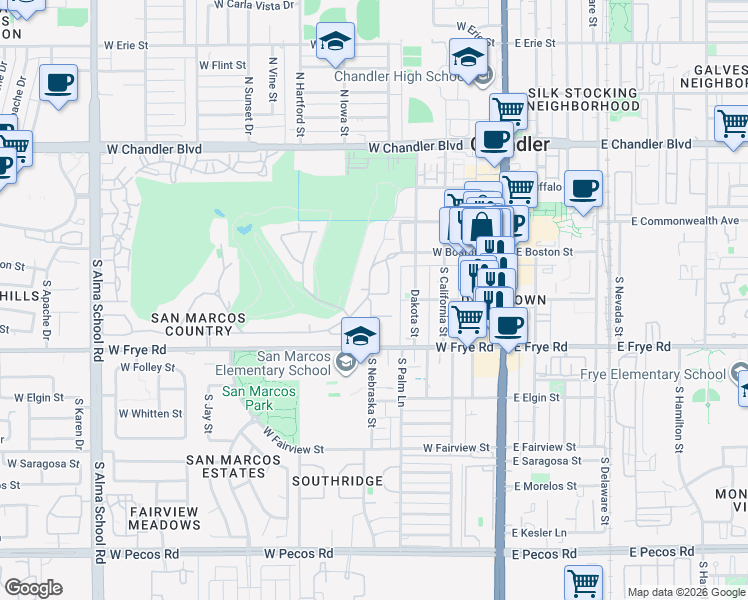 map of restaurants, bars, coffee shops, grocery stores, and more near 410 West Half Moon Way in Chandler