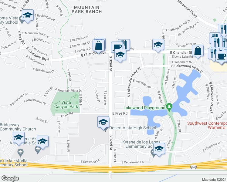 map of restaurants, bars, coffee shops, grocery stores, and more near 16010 South 32nd Place in Phoenix