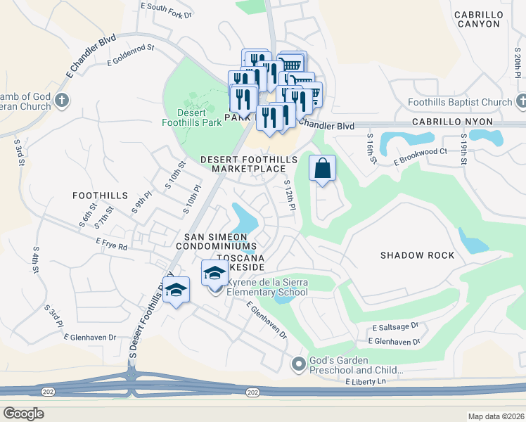 map of restaurants, bars, coffee shops, grocery stores, and more near 16070 South 11th Place in Phoenix