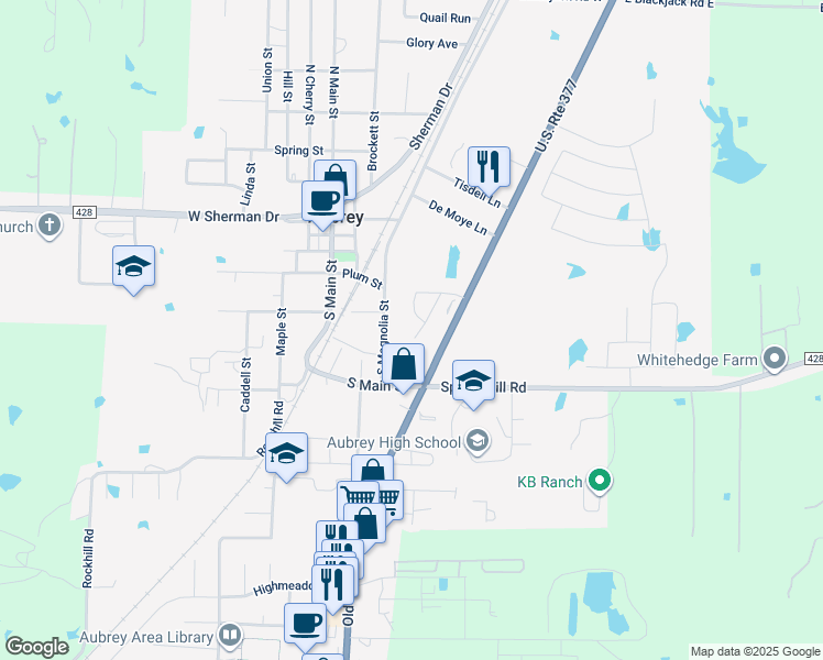 map of restaurants, bars, coffee shops, grocery stores, and more near 402 Willow Road in Aubrey