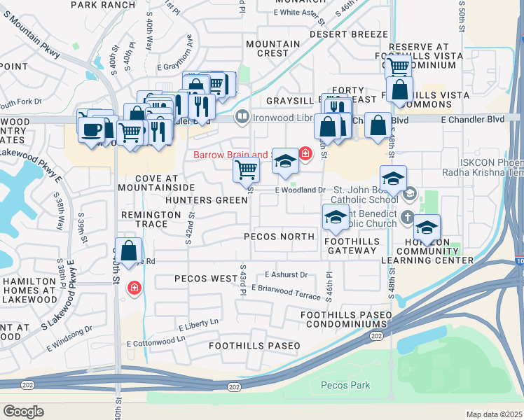 map of restaurants, bars, coffee shops, grocery stores, and more near 16042 South 44th Place in Phoenix