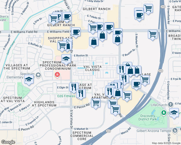 map of restaurants, bars, coffee shops, grocery stores, and more near 2778 South Voyager Drive in Gilbert