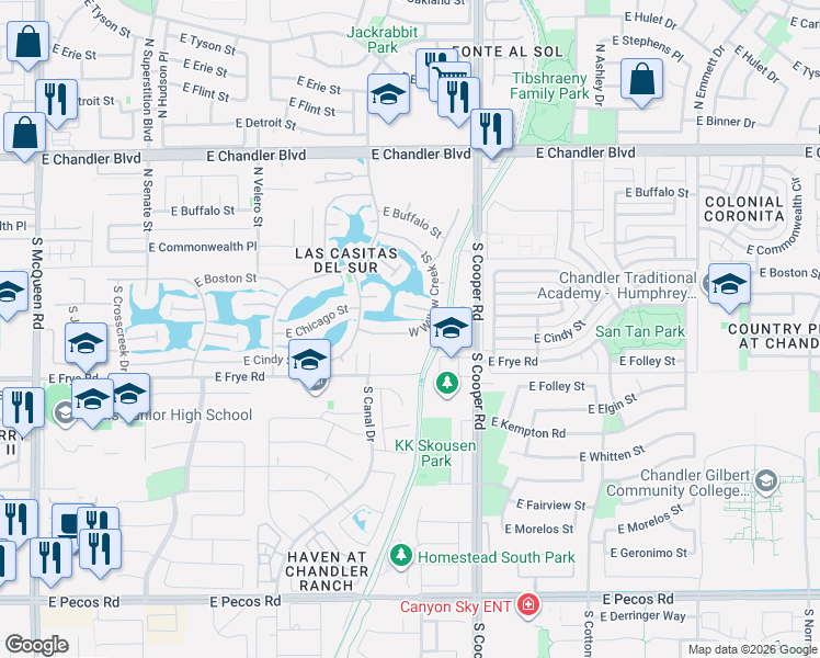 map of restaurants, bars, coffee shops, grocery stores, and more near 1770 East Frye Road in Chandler
