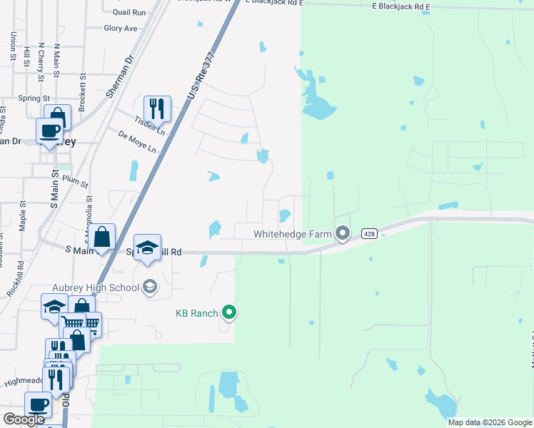 map of restaurants, bars, coffee shops, grocery stores, and more near 609 Spring Hill Road in Aubrey