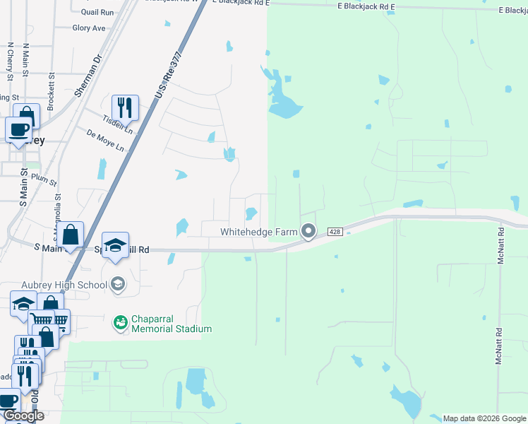 map of restaurants, bars, coffee shops, grocery stores, and more near 855-879 Spring Hill Road in Aubrey