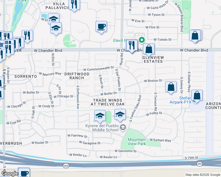 map of restaurants, bars, coffee shops, grocery stores, and more near 5014 West Chicago Circle North in Chandler
