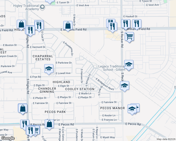 map of restaurants, bars, coffee shops, grocery stores, and more near 3766 South Anderson Lane in Gilbert