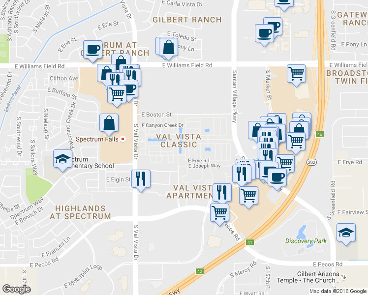 map of restaurants, bars, coffee shops, grocery stores, and more near 2778 South Voyager Drive in Gilbert