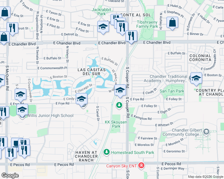 map of restaurants, bars, coffee shops, grocery stores, and more near 119 South Willow Creek Street in Chandler