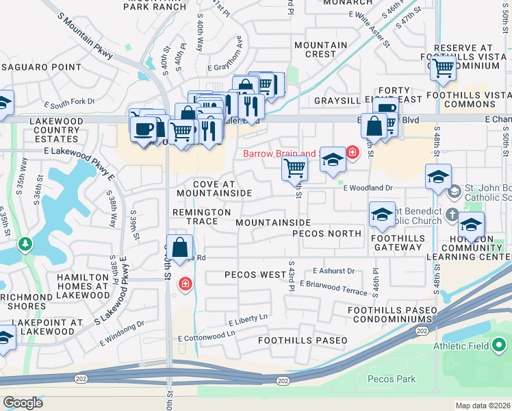 map of restaurants, bars, coffee shops, grocery stores, and more near 4217 East Silverwood Drive in Phoenix