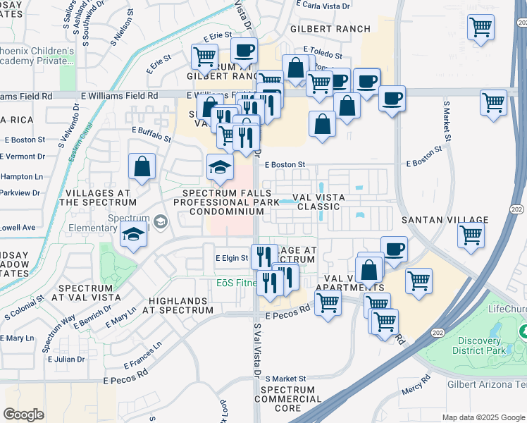 map of restaurants, bars, coffee shops, grocery stores, and more near 1626 East Dogwood Lane in Gilbert