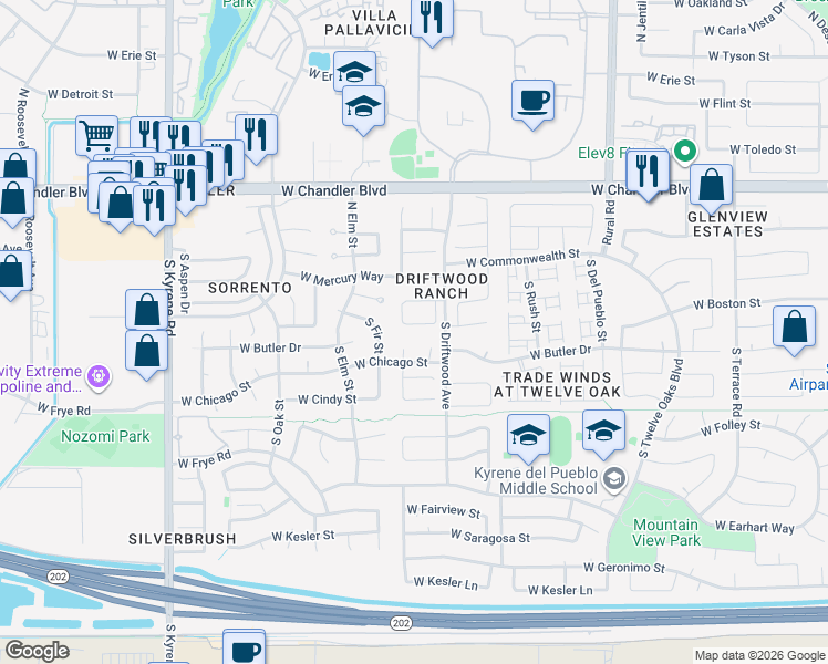 map of restaurants, bars, coffee shops, grocery stores, and more near 5451 West Jupiter Way in Chandler
