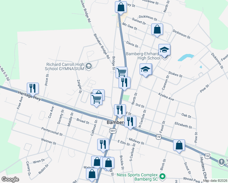 map of restaurants, bars, coffee shops, grocery stores, and more near North Main Street in Bamberg