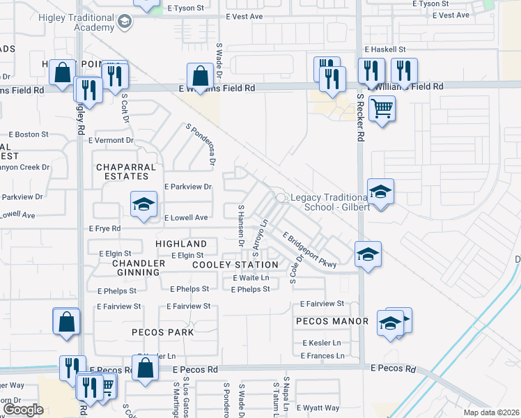 map of restaurants, bars, coffee shops, grocery stores, and more near 3766 South Anderson Lane in Gilbert