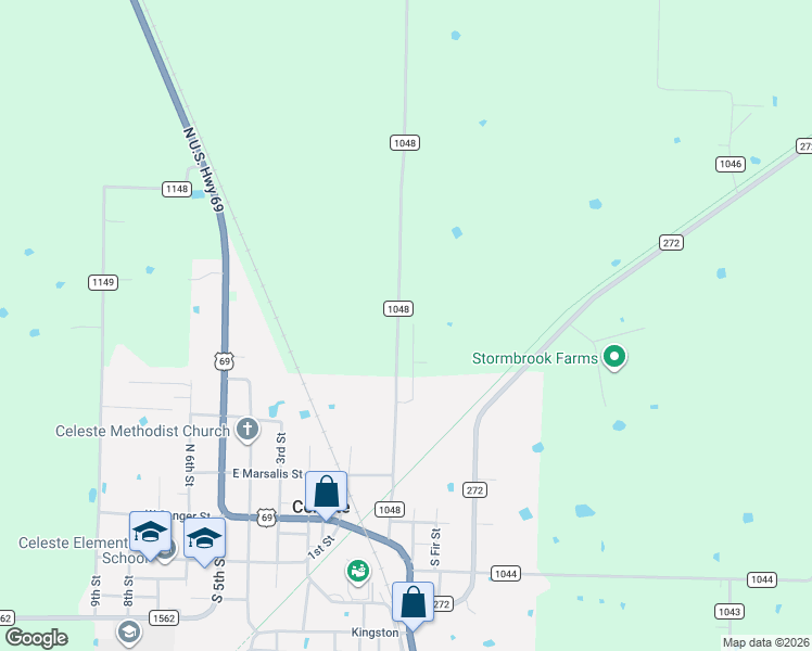 map of restaurants, bars, coffee shops, grocery stores, and more near 1104 North Atkins Drive in Celeste