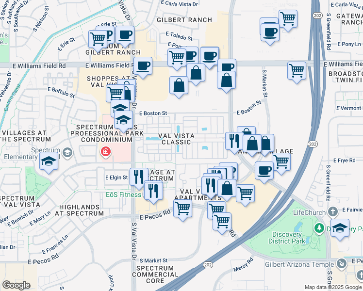 map of restaurants, bars, coffee shops, grocery stores, and more near 2778 South Voyager Drive in Gilbert