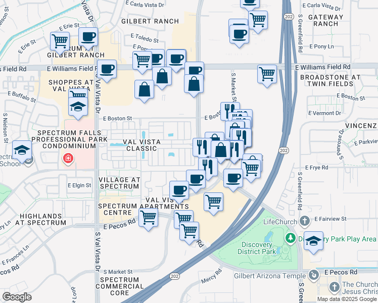 map of restaurants, bars, coffee shops, grocery stores, and more near 2730 South Pewter Drive in Gilbert