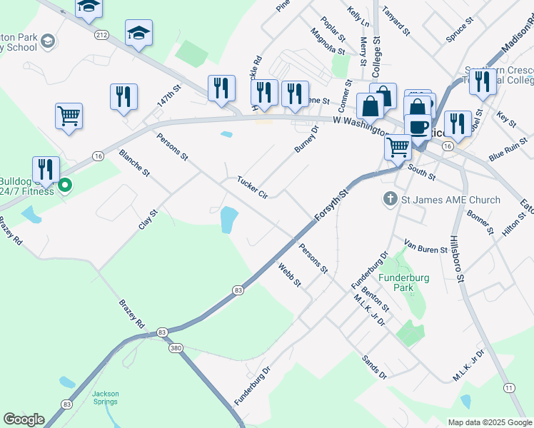 map of restaurants, bars, coffee shops, grocery stores, and more near 99 Tucker Circle in Monticello