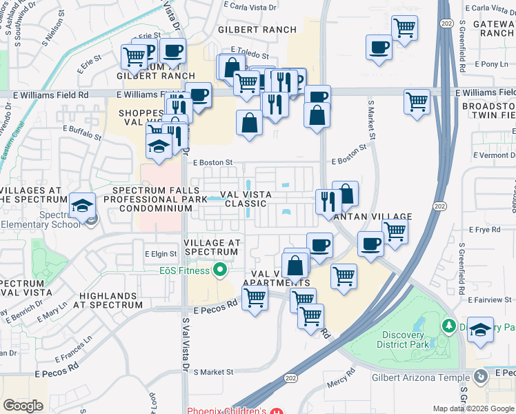 map of restaurants, bars, coffee shops, grocery stores, and more near 2670 South Voyager Drive in Gilbert