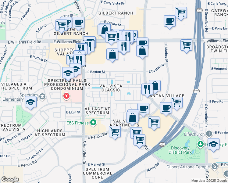 map of restaurants, bars, coffee shops, grocery stores, and more near 2670 South Voyager Drive in Gilbert