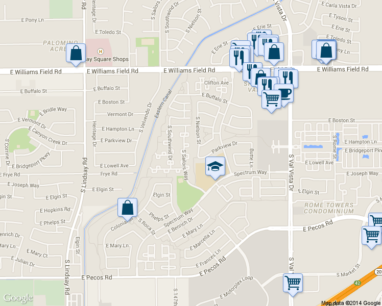 map of restaurants, bars, coffee shops, grocery stores, and more near 2684 South Nielson Street in Gilbert
