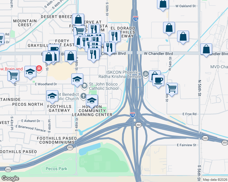 map of restaurants, bars, coffee shops, grocery stores, and more near 5009 East Chandler Boulevard in Phoenix
