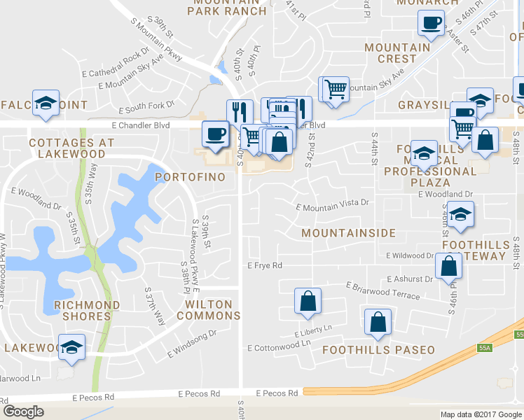 map of restaurants, bars, coffee shops, grocery stores, and more near 16009 South 40th Way in Phoenix