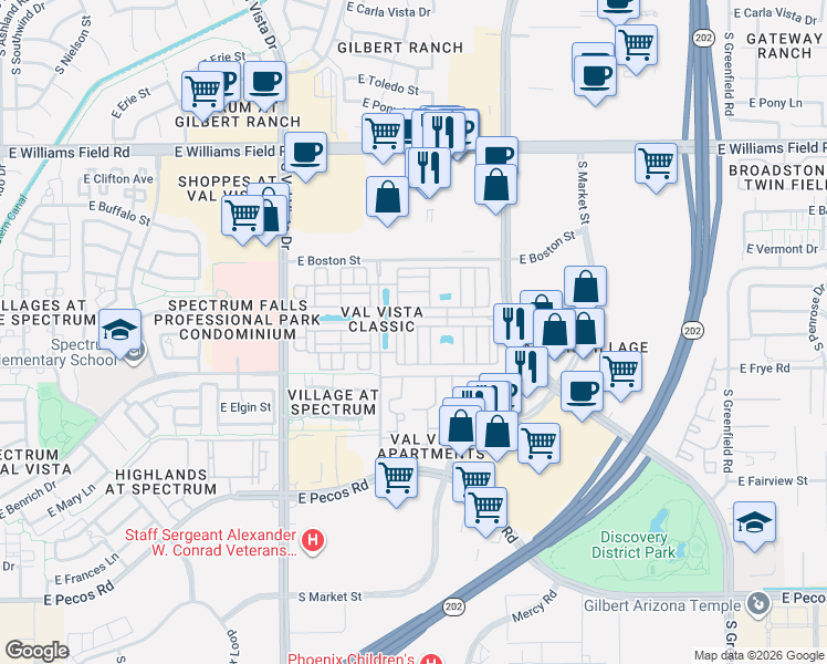 map of restaurants, bars, coffee shops, grocery stores, and more near 1871 East Hampton Lane in Gilbert