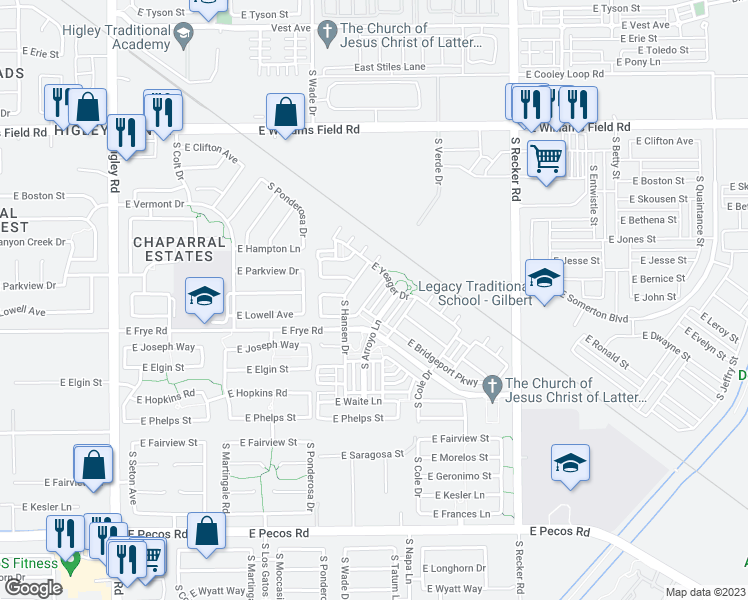 map of restaurants, bars, coffee shops, grocery stores, and more near 2731 South Cupertino Drive in Gilbert