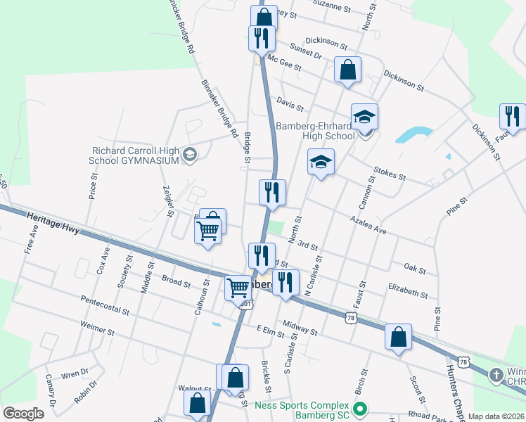 map of restaurants, bars, coffee shops, grocery stores, and more near North Main Street in Bamberg