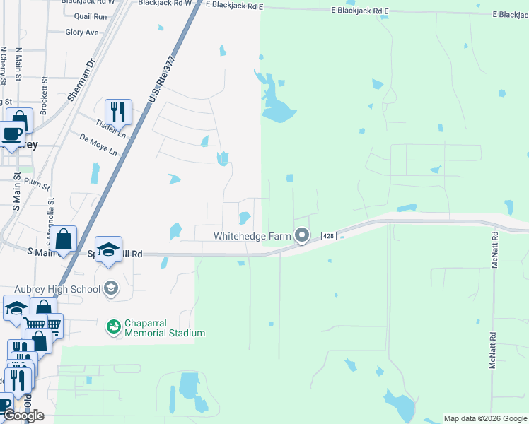 map of restaurants, bars, coffee shops, grocery stores, and more near 609 Spring Hill Road in Aubrey