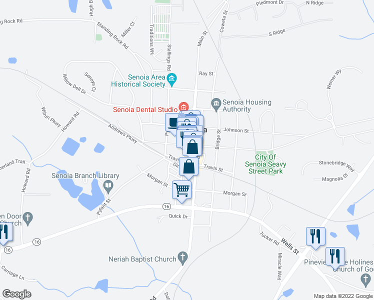 map of restaurants, bars, coffee shops, grocery stores, and more near 30 Main Street in Senoia