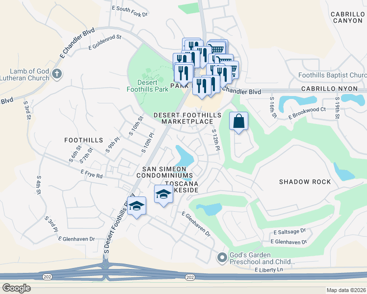 map of restaurants, bars, coffee shops, grocery stores, and more near 15866 South 11th Place in Phoenix