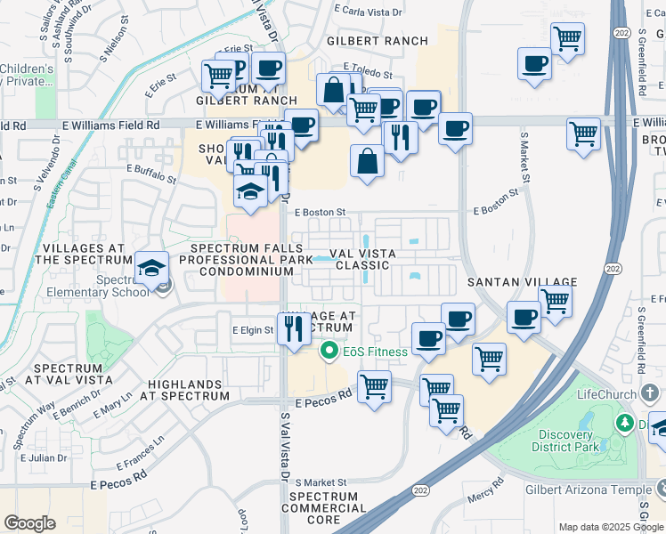 map of restaurants, bars, coffee shops, grocery stores, and more near 1723 East Hampton Lane in Gilbert