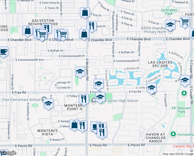 map of restaurants, bars, coffee shops, grocery stores, and more near 171 South Bedford Drive in Chandler