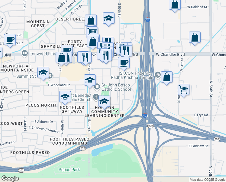 map of restaurants, bars, coffee shops, grocery stores, and more near 16160 South 50th Street in Phoenix