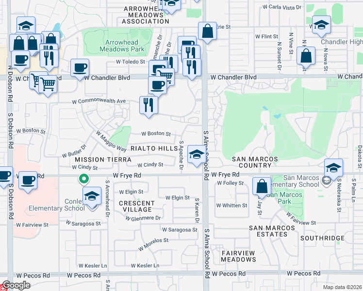 map of restaurants, bars, coffee shops, grocery stores, and more near 179 South Apache Drive in Chandler